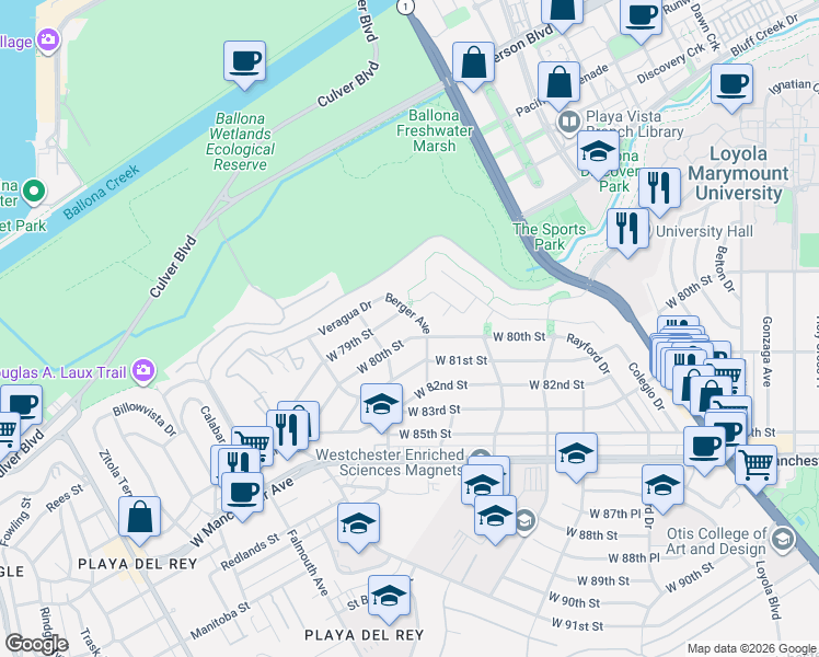 map of restaurants, bars, coffee shops, grocery stores, and more near 7715 West 80th Street in Los Angeles