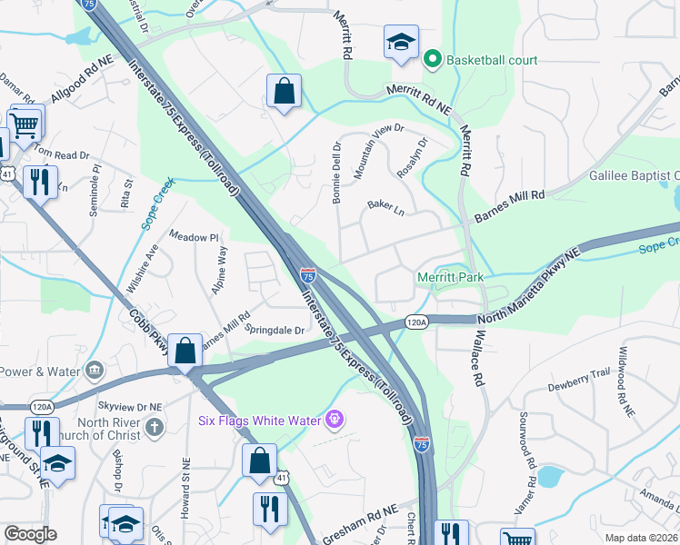 map of restaurants, bars, coffee shops, grocery stores, and more near 1060 Barnes Mill Road in Marietta