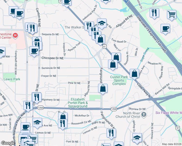 map of restaurants, bars, coffee shops, grocery stores, and more near 486 Seminole Drive Northeast in Marietta