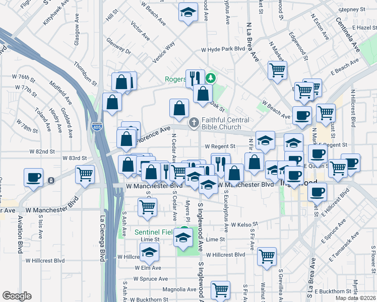 map of restaurants, bars, coffee shops, grocery stores, and more near 418 West Regent Street in Inglewood