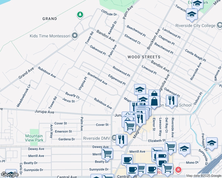 map of restaurants, bars, coffee shops, grocery stores, and more near 4272 Brentwood Avenue in Riverside