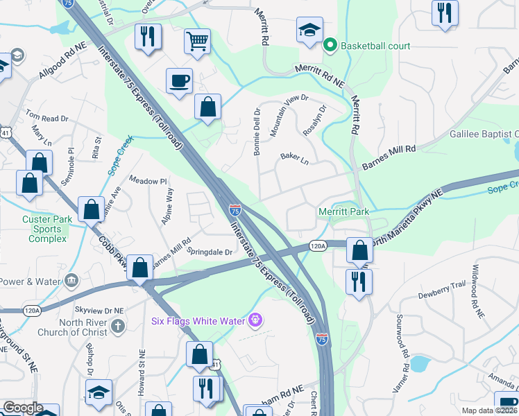 map of restaurants, bars, coffee shops, grocery stores, and more near 1060 Barnes Mill Road in Marietta