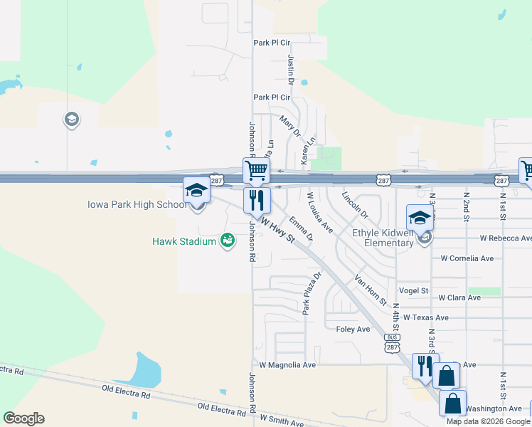 map of restaurants, bars, coffee shops, grocery stores, and more near 1308 Emma Drive in Iowa Park