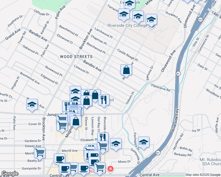 map of restaurants, bars, coffee shops, grocery stores, and more near 3673 Linwood Place in Riverside