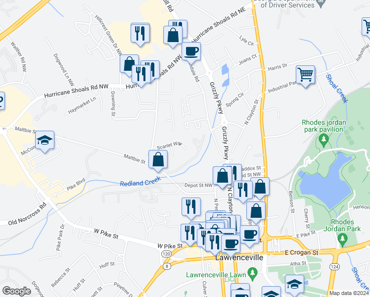 map of restaurants, bars, coffee shops, grocery stores, and more near 162 Scarlet Way in Lawrenceville