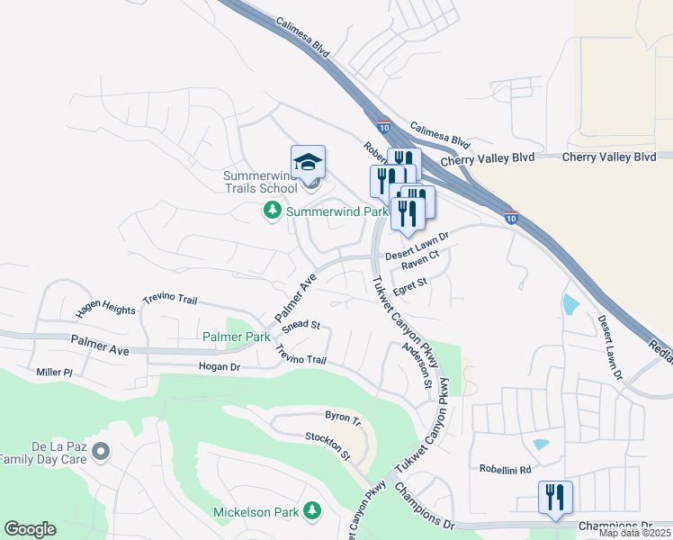 map of restaurants, bars, coffee shops, grocery stores, and more near 1006 Lavender Court in Calimesa