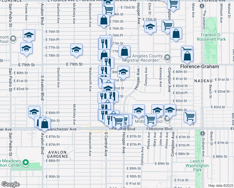 map of restaurants, bars, coffee shops, grocery stores, and more near 1145 East 83rd Street in Los Angeles