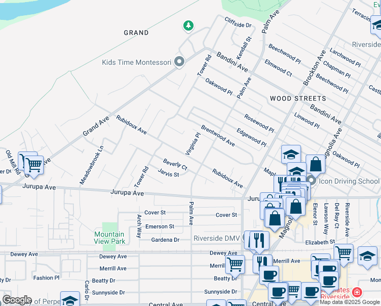 map of restaurants, bars, coffee shops, grocery stores, and more near 5854 Virginia Place in Riverside