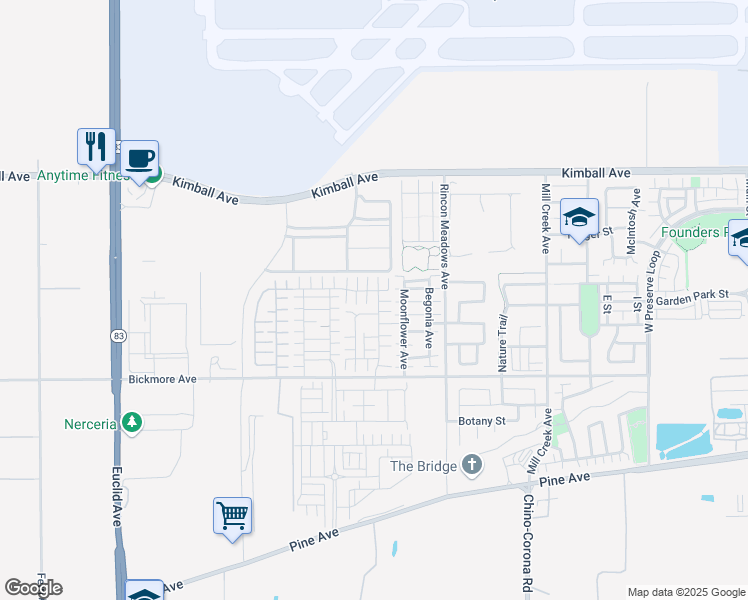 map of restaurants, bars, coffee shops, grocery stores, and more near 15950 Osprey Avenue in Chino