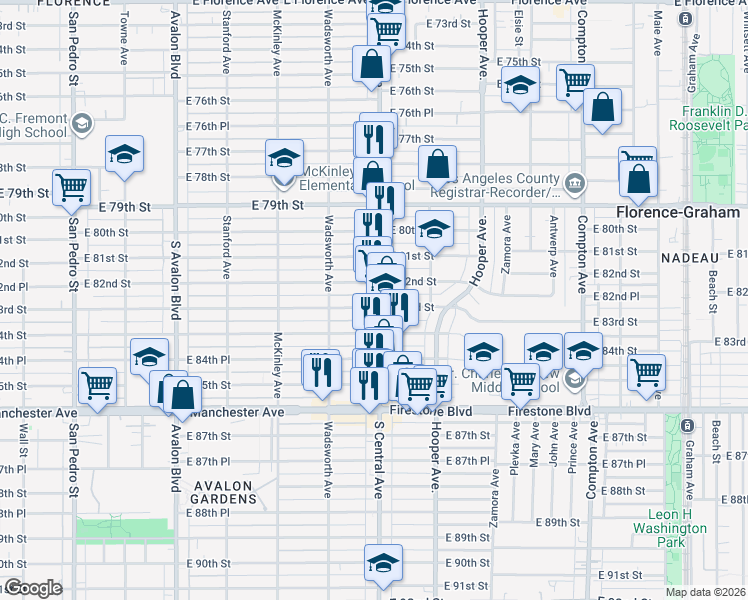 map of restaurants, bars, coffee shops, grocery stores, and more near 8219 South Central Avenue in Los Angeles