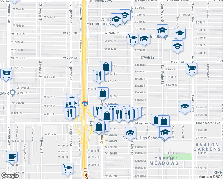 map of restaurants, bars, coffee shops, grocery stores, and more near 220 West 83rd Street in Los Angeles