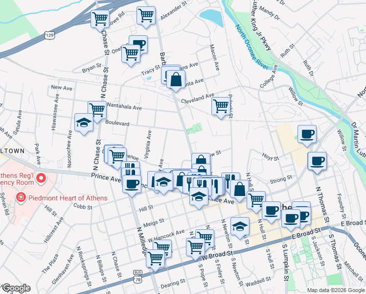 map of restaurants, bars, coffee shops, grocery stores, and more near 290 Barber Street in Athens