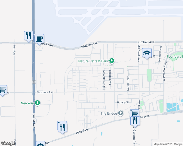 map of restaurants, bars, coffee shops, grocery stores, and more near 7543 Shorthorn Street in Chino
