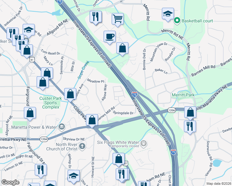 map of restaurants, bars, coffee shops, grocery stores, and more near 1002 Glenivy in Marietta