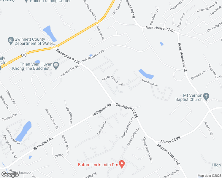 map of restaurants, bars, coffee shops, grocery stores, and more near Farm Manor Court in Lawrenceville