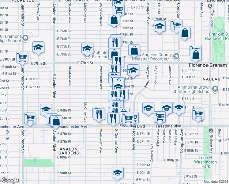 map of restaurants, bars, coffee shops, grocery stores, and more near 8219 South Central Avenue in Los Angeles