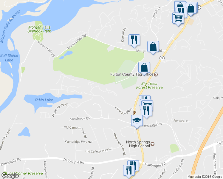 map of restaurants, bars, coffee shops, grocery stores, and more near 6211 Santa Fe Parkway in Sandy Springs