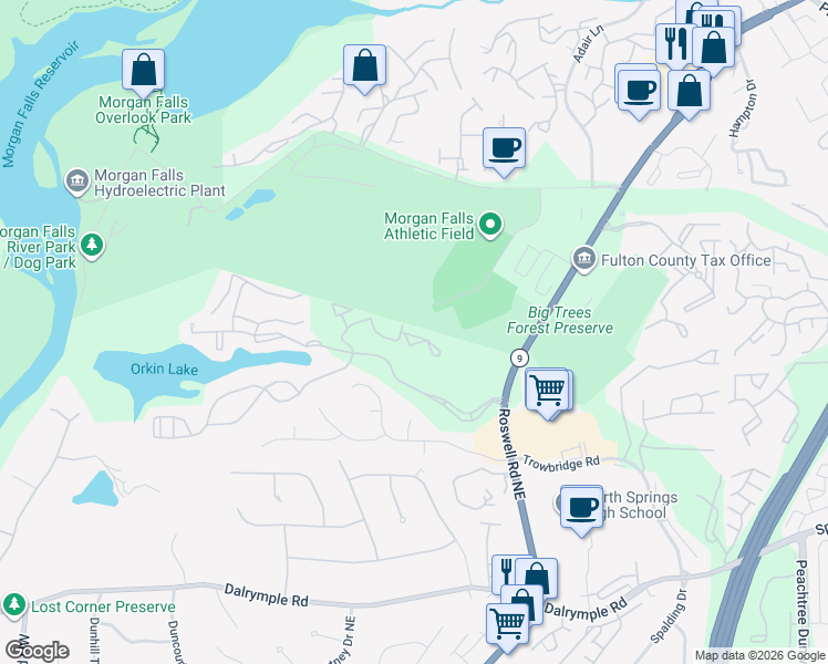 map of restaurants, bars, coffee shops, grocery stores, and more near 5304 Santa Fe Parkway in Sandy Springs