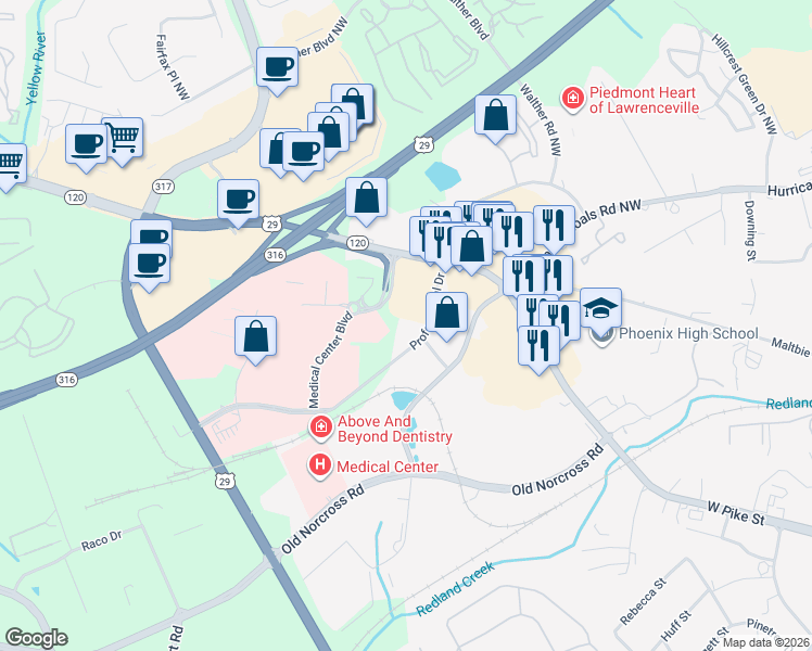 map of restaurants, bars, coffee shops, grocery stores, and more near 601 Professional Drive in Lawrenceville