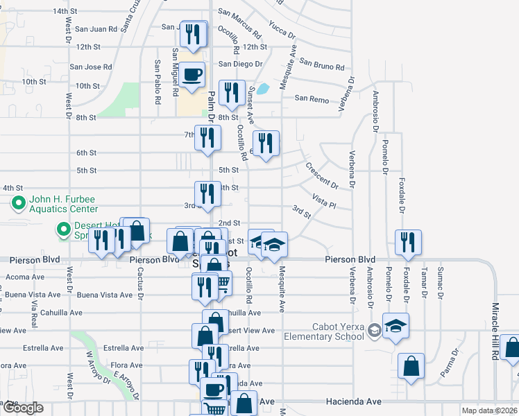 map of restaurants, bars, coffee shops, grocery stores, and more near 66671 3rd Street in Desert Hot Springs