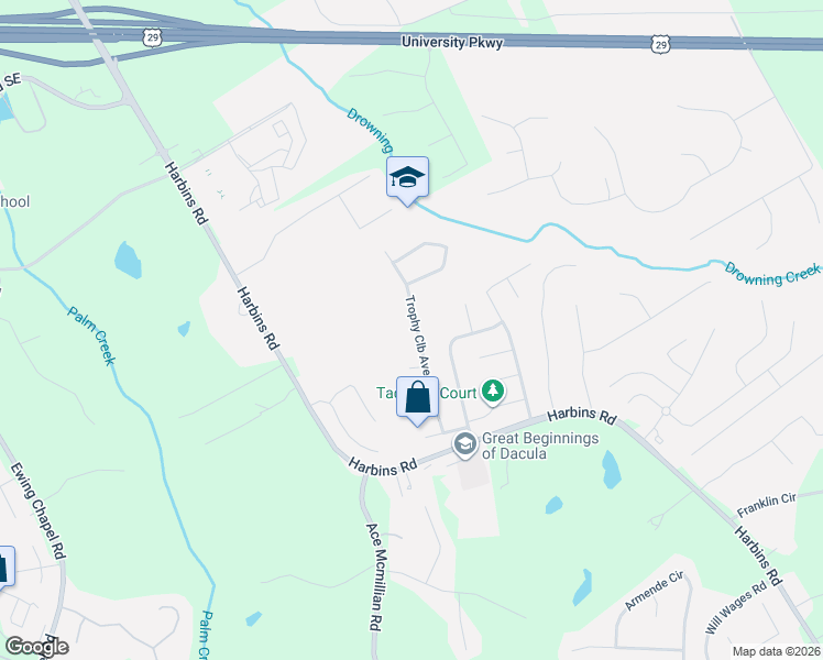 map of restaurants, bars, coffee shops, grocery stores, and more near 1096 Trophy Club Avenue in Dacula