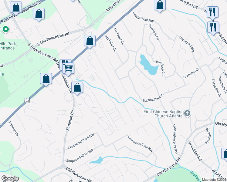 map of restaurants, bars, coffee shops, grocery stores, and more near 2755 Woodbine Hill Way in Norcross