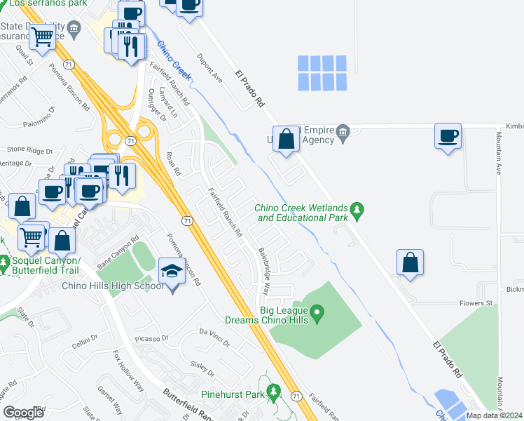 map of restaurants, bars, coffee shops, grocery stores, and more near 5683 Danville Court in Chino Hills