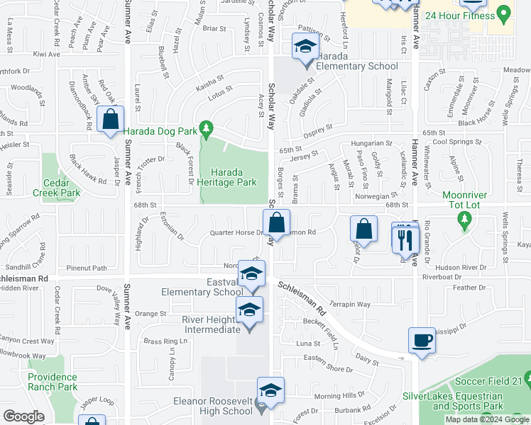 map of restaurants, bars, coffee shops, grocery stores, and more near 6826 Cleveland Bay Court in Corona