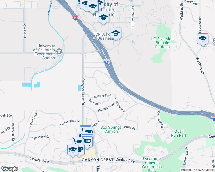 map of restaurants, bars, coffee shops, grocery stores, and more near 725 South University Drive in Riverside