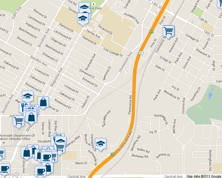 map of restaurants, bars, coffee shops, grocery stores, and more near 3320 Panorama Road in Riverside