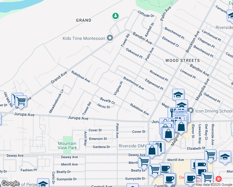 map of restaurants, bars, coffee shops, grocery stores, and more near 5854 Virginia Place in Riverside
