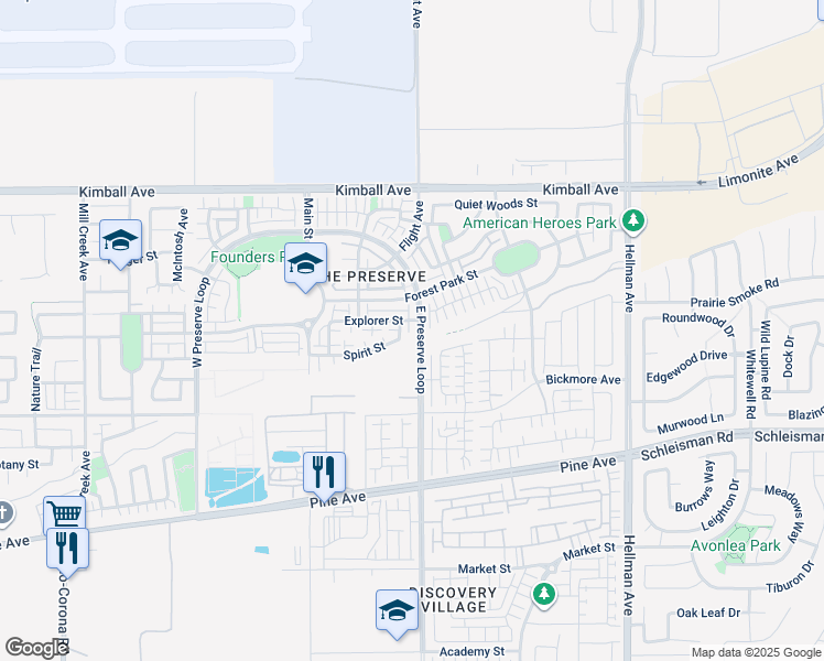 map of restaurants, bars, coffee shops, grocery stores, and more near 15924 East Preserve Loop in Chino