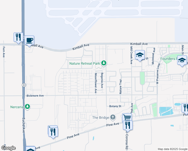 map of restaurants, bars, coffee shops, grocery stores, and more near 15920 Moonflower Avenue in Chino