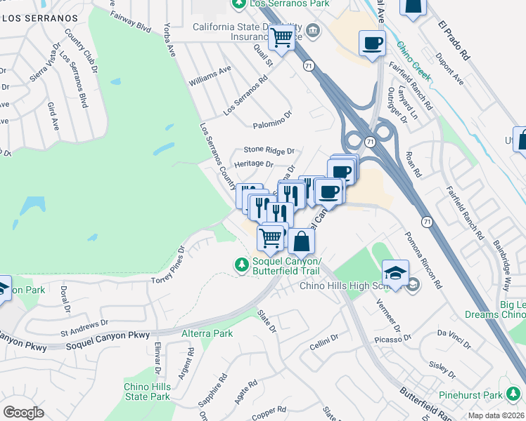 map of restaurants, bars, coffee shops, grocery stores, and more near 15923 Silver Springs Drive in Chino Hills
