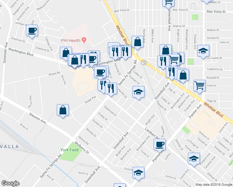 map of restaurants, bars, coffee shops, grocery stores, and more near 12617 Flomar Drive in Whittier