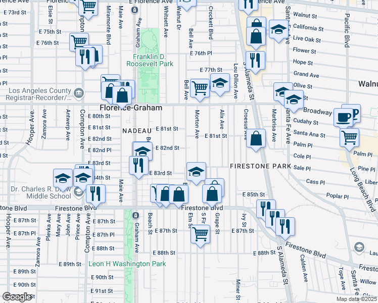 map of restaurants, bars, coffee shops, grocery stores, and more near 8143 Bell Avenue in Los Angeles