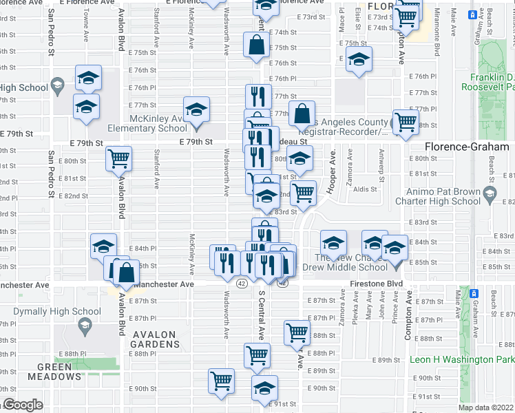 map of restaurants, bars, coffee shops, grocery stores, and more near 1018 East 82nd Street in Los Angeles