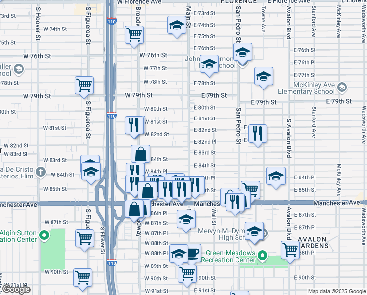 map of restaurants, bars, coffee shops, grocery stores, and more near 129 West 83rd Street in Los Angeles
