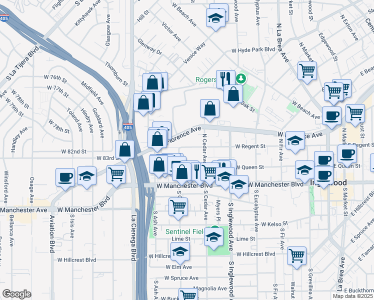 map of restaurants, bars, coffee shops, grocery stores, and more near 527 West Regent Street in Inglewood