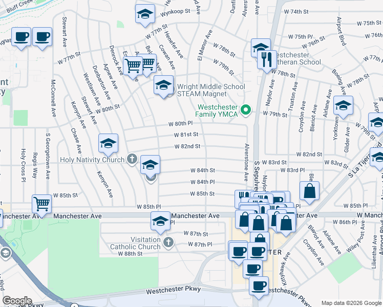 map of restaurants, bars, coffee shops, grocery stores, and more near 6450 West 82nd Street in Los Angeles
