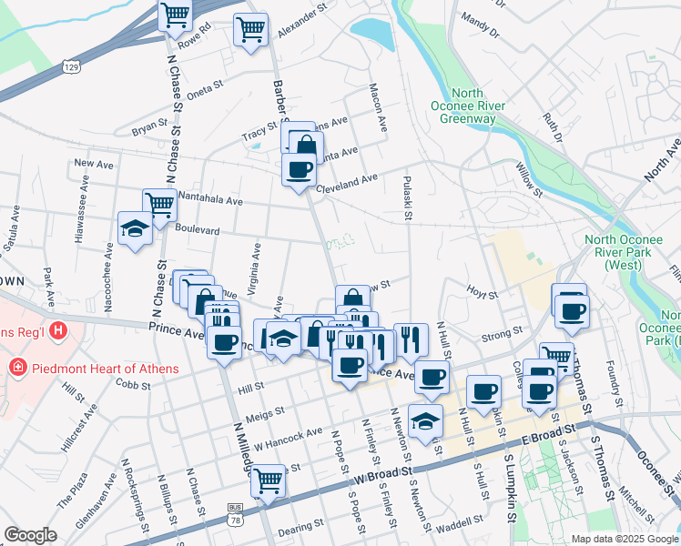 map of restaurants, bars, coffee shops, grocery stores, and more near 290 Barber Street in Athens