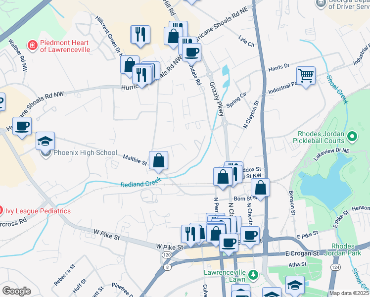 map of restaurants, bars, coffee shops, grocery stores, and more near 191 Scarlet Way in Lawrenceville