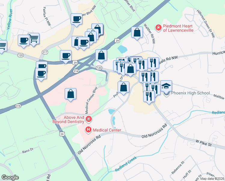 map of restaurants, bars, coffee shops, grocery stores, and more near in Lawrenceville
