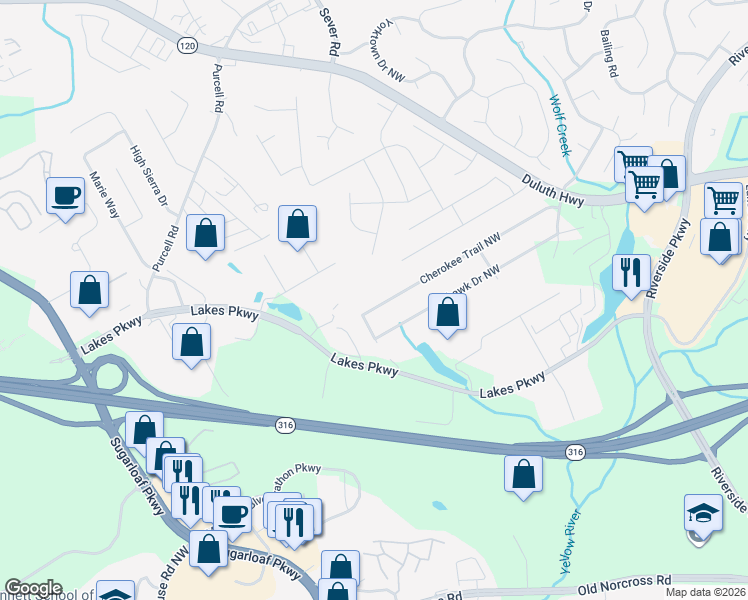 map of restaurants, bars, coffee shops, grocery stores, and more near 1459 Cherokee Trail Northwest in Lawrenceville