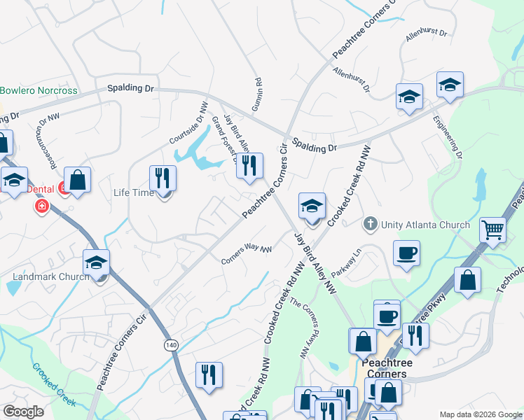 map of restaurants, bars, coffee shops, grocery stores, and more near 1624 Wynfield Trce in Peachtree Corners