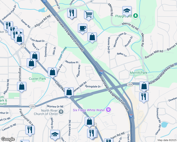 map of restaurants, bars, coffee shops, grocery stores, and more near 1005 Glenivy in Marietta