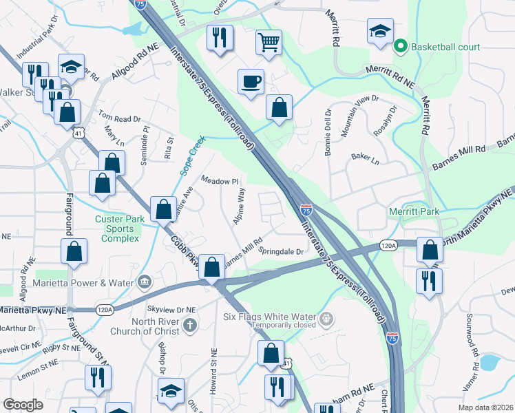 map of restaurants, bars, coffee shops, grocery stores, and more near 1304 Glenivy in Marietta