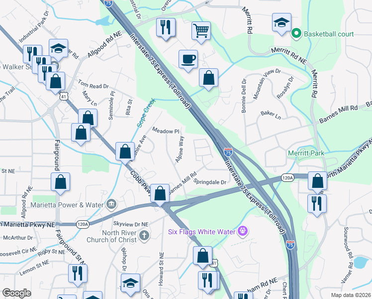 map of restaurants, bars, coffee shops, grocery stores, and more near 543 Alpine Way in Marietta