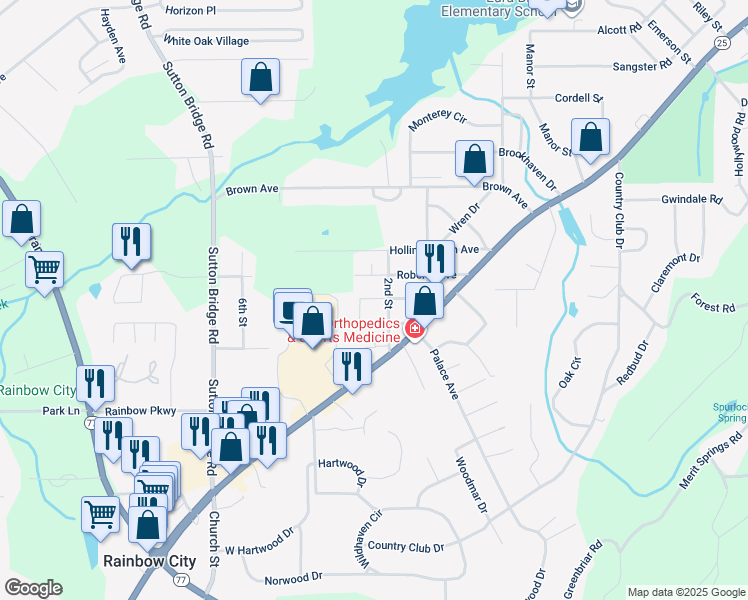 map of restaurants, bars, coffee shops, grocery stores, and more near 202 2nd Street in Rainbow City