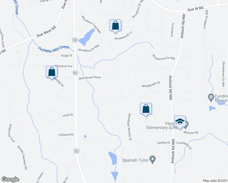 map of restaurants, bars, coffee shops, grocery stores, and more near 296 Balmy Court Northwest in Powder Springs